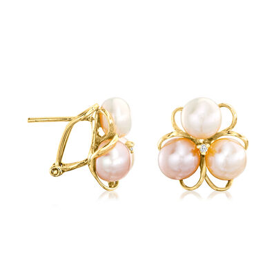 6.5-7mm Multicolored Cultured Pearl Flower Earrings with Diamond Accents in 18kt Gold Over Sterling