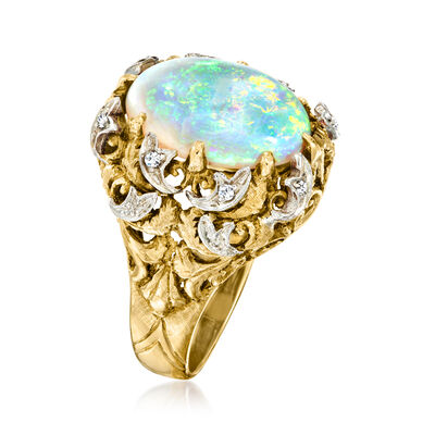 C. 1960 Vintage Opal Ring with Diamond Accents in 18kt Yellow Gold