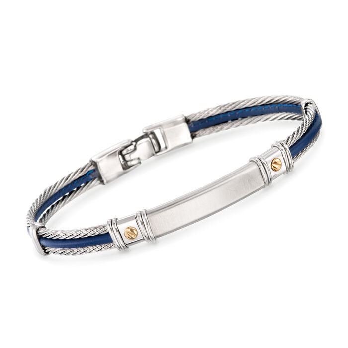 ALOR Men's Blue Leather and Stainless Steel Cable Bracelet With 18kt Yellow Gold