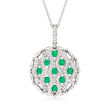 .90 ct. t.w. Emerald and .44 ct. t.w. Diamond Milgrain Pendant Necklace in 14kt White Gold