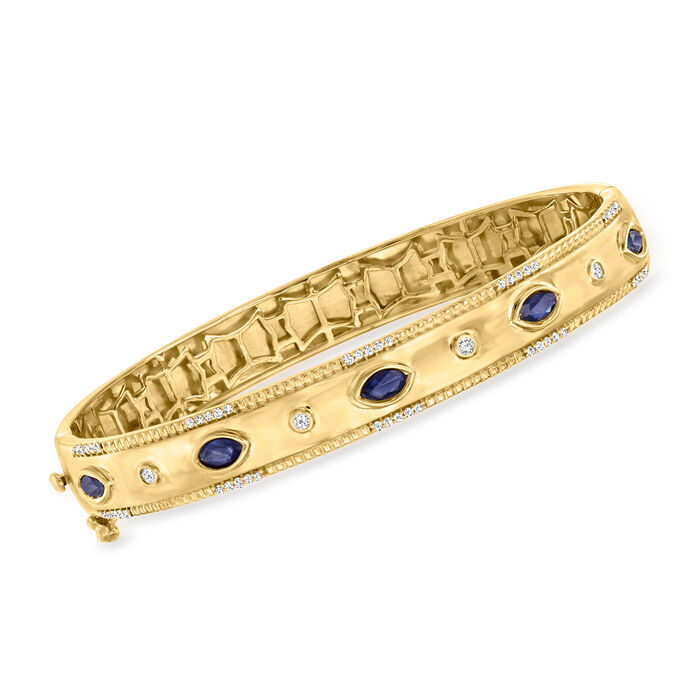 .90 ct. t.w. Sapphire and .26 ct. t.w. Diamond Bangle Bracelet in 18kt Gold Over Sterling