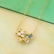 3.5-4mm Cultured Pearl and .10 ct. t.w. Diamond Hummingbird and Flower Necklace with Enamel in 18kt Gold Over Sterling