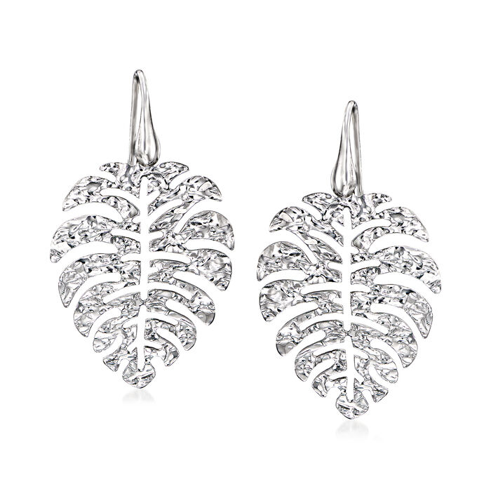 Italian Sterling Silver Hammered and Polished Palm Leaf Drop Earrings
