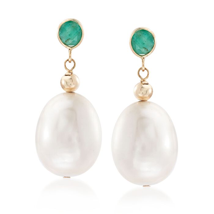 9.5-10.5mm Cultured Pearl and .60 ct. t.w. Emerald Earrings in 14kt Yellow Gold