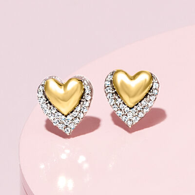 .10 ct. t.w. Diamond Heart Stud Earrings in Sterling Silver and 14kt Yellow Gold