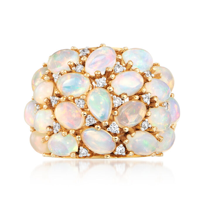 Opal and .25 ct. t.w. Diamond Cluster Dome Ring in 14kt Yellow Gold
