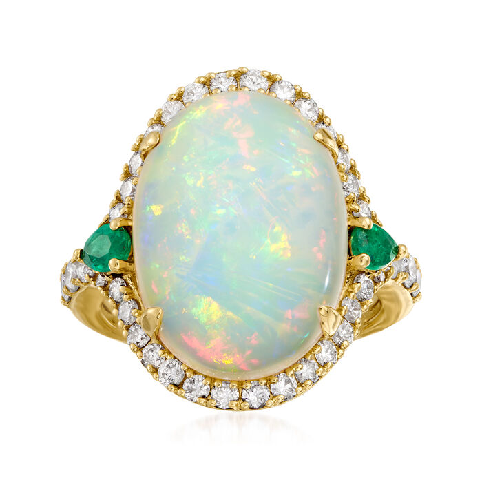 Opal, .88 ct. t.w. Diamond and .30 ct. t.w. Emerald Ring in 14kt Yellow Gold