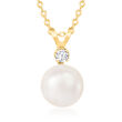 7-8mm Cultured Akoya Pearl Pendant Necklace with Diamond Accent in 14kt Yellow Gold