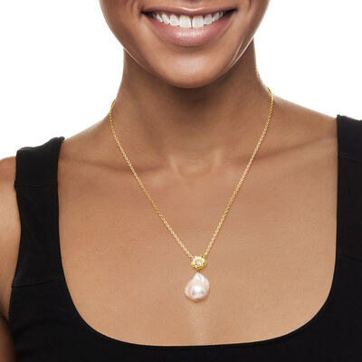 12-17mm Cultured Baroque Pearl and .10 ct. t.w. White Topaz Flower Necklace in 18kt Gold Over Sterling