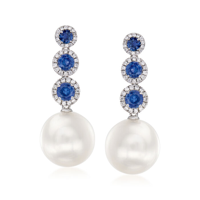 12-13mm Cultured South Sea Pearl and 1.50 ct. t.w. Sapphire Drop Earrings with .36 ct. t.w. Diamonds in 18kt White Gold