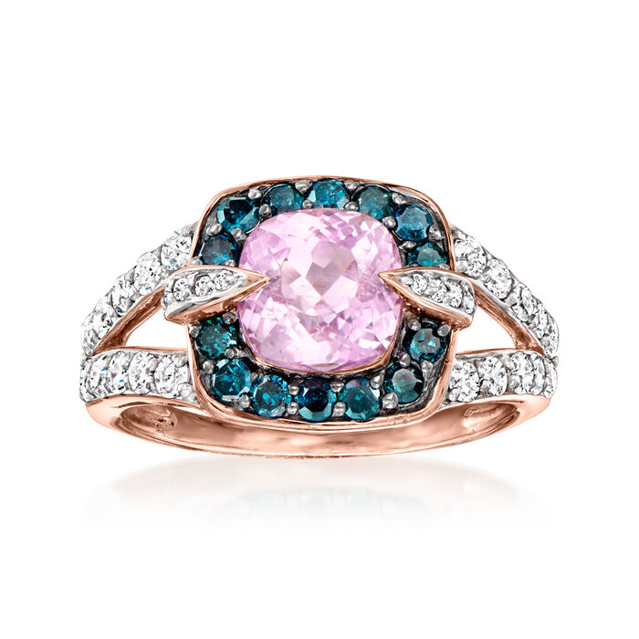 2.10 Carat Kunzite Ring with .96 ct. t.w. Blue and White Diamonds in 14kt Rose Gold