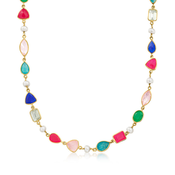 5-5.5mm Cultured Pearl and 23.70 ct. t.w. Multi-Gemstone Necklace in 18kt Gold Over Sterling