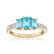 1.10 ct. t.w. Blue Topaz Three-Stone Ring with Diamond Accents in 14kt Yellow Gold