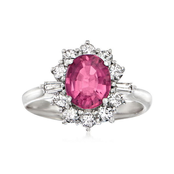 C. 1990 Vintage 1.71 Carat Pink Tourmaline and .65 ct. t.w. Diamond Ring in Platinum