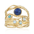 Lapis, Turquoise and .10 ct. t.w. Blue Topaz Openwork Ring in 14kt Yellow Gold