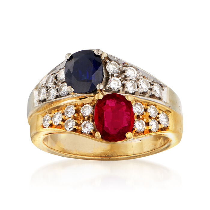 C. 1980 Vintage .85 Carat Sapphire, .65 Carat Ruby and .55 ct. t.w. Diamond Ring in 18kt Two-Tone Gold