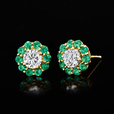 .50 ct. t.w. Emerald and .50 ct. t.w. Lab-Grown Diamond Stud Earrings in 14kt Yellow Gold