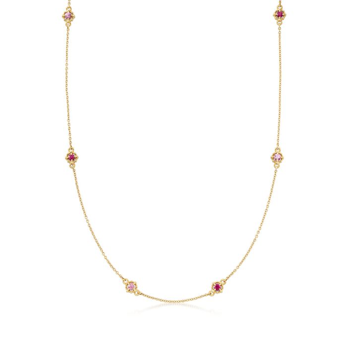 Judith Ripka &quot;Basel&quot; 1.10 ct. t.w. Pink Sapphire and .95 ct. t.w. Ruby Station Necklace in 18kt Yellow Gold