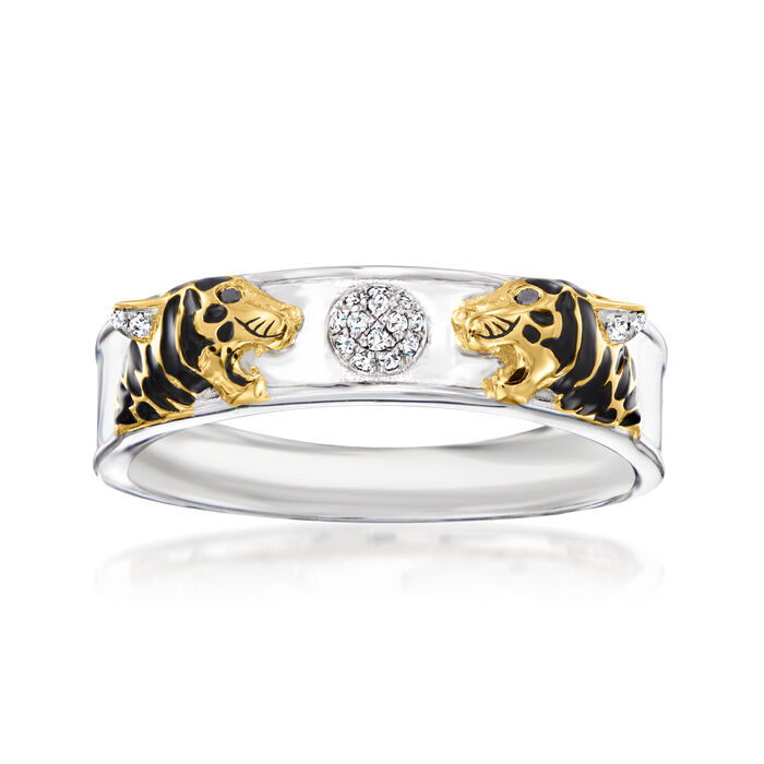 Black and White Diamond-Accented Tiger Ring with Black Enamel in Two-Tone Sterling Silver