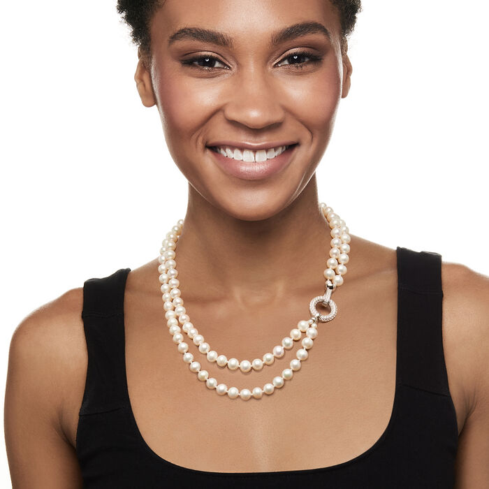 7.5-8mm Cultured Pearl Two-Strand Necklace with 1.00 ct. t.w. CZs in Sterling Silver 17.5-inch