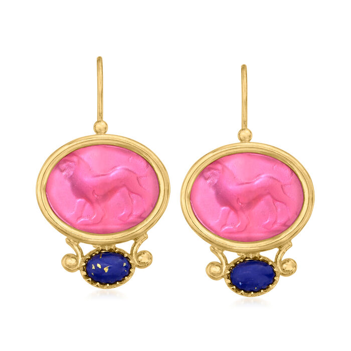 Italian Tagliamonte Lapis and Pink Venetian Glass Lion Drop Earrings in 18kt Gold Over Sterling
