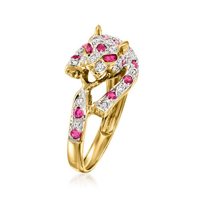 C. 1980 Vintage .65 ct. t.w. Ruby and .25 ct. t.w. Diamond Panther Ring in 18kt Yellow Gold