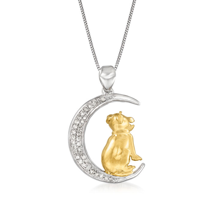 .14 ct. t.w. Diamond Crescent Moon with Dog Pendant Necklace in Sterling Silver and 18kt Gold Over Sterling