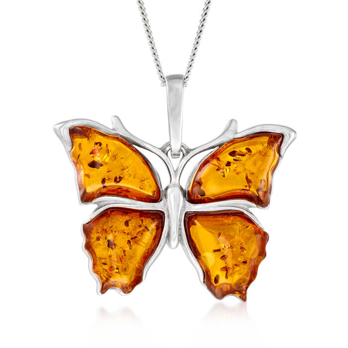 Amber Butterfly Pendant Necklace in Sterling Silver