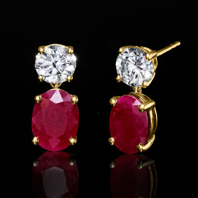 3.20 ct. t.w. Ruby and 1.00 ct. t.w. Lab-Grown Diamond Drop Earrings in 14kt Yellow Gold
