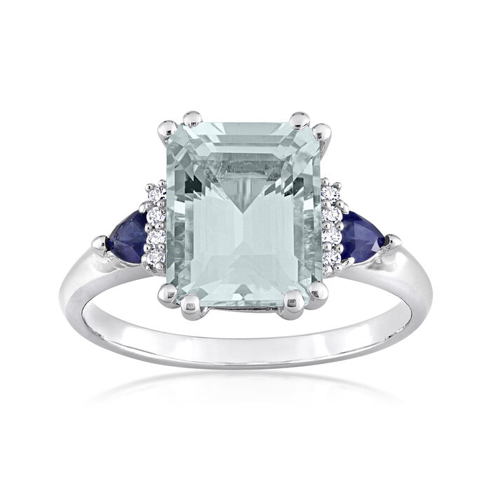 2.80 Carat Aquamarine Ring with .30 ct. t.w. Sapphires and Diamond Accents in 14kt White Gold