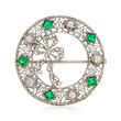 C. 1950 Vintage .25 ct. t.w. Diamond and Green Glass Filigree Wreath Pin in 14kt White Gold