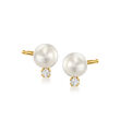 5-5.5mm Cultured Pearl Stud Earrings with Diamond Accents in 14kt Yellow Gold