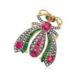 C. 1950 Vintage 5.20 ct. t.w. Ruby, 2.00 ct. t.w. Diamond and 1.85 ct. t.w. Emerald Insect Pin/Pendant in Sterling Silver and 14kt Yellow Gold Over Sterling