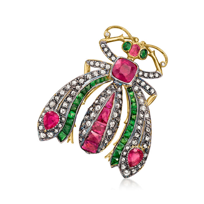 C. 1950 Vintage 5.20 ct. t.w. Ruby, 2.00 ct. t.w. Diamond and 1.85 ct. t.w. Emerald Insect Pin/Pendant in Sterling Silver and 14kt Yellow Gold Over Sterling