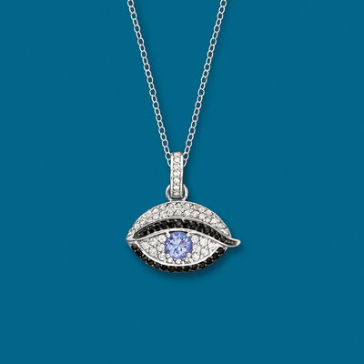 .40 Carat Tanzanite and .40 ct. t.w. White Zircon Evil Eye Pendant Necklace with Black Spinels in Sterling Silver