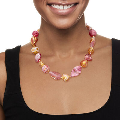 Italian Pink and Gold Murano Glass Bead Necklace in 18kt Gold Over Sterling