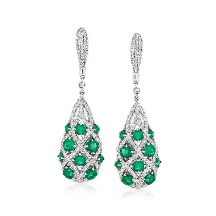 5.75 ct. t.w. Emerald and 2.25 ct. t.w. Diamond Drop Earrings in 14kt White Gold