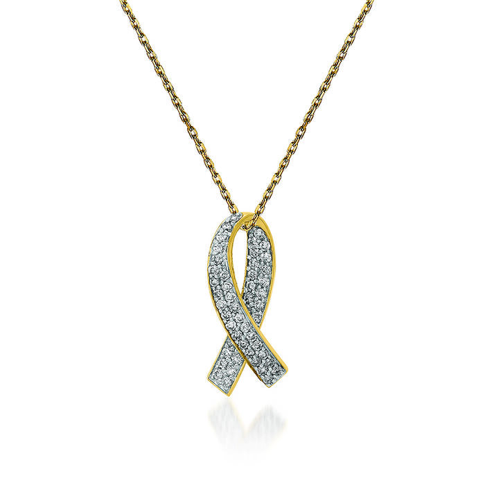 .30 ct. t.w. Diamond Breast Cancer Awareness Pendant Necklace in 14kt Yellow Gold. 18&quot;