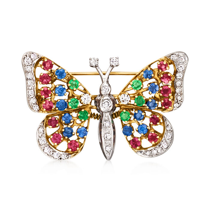C. 1970 Vintage 3.10 ct. t.w. Multi-Gemstone and .60 ct. t.w. Diamond Butterfly Pin in 14kt Two-Tone Gold