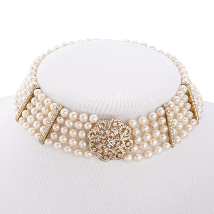 C. 1980 Vintage 6-6.5mm Cultured Pearl and 5.25 ct. t.w. Diamond Choker Necklace in 18kt Yellow Gold