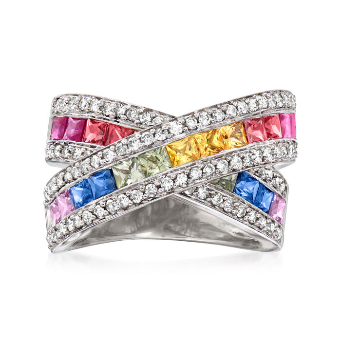 C. 1990 Vintage 2.97 ct. t.w. Multicolored Sapphire and .74 ct. t.w. Diamond Crisscross Ring in 14kt White Gold