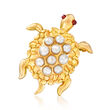 3.5-4.5mm Cultured Pearl and .10 ct. t.w. Garnet Turtle Pin in 18kt Gold Over Sterling