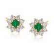 C. 1980 Vintage .80 ct. t.w. Diamond and .40 ct. t.w. Emerald Floral Earrings in 14kt Yellow Gold