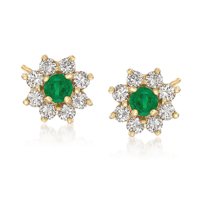 C. 1980 Vintage .80 ct. t.w. Diamond and .40 ct. t.w. Emerald Floral Earrings in 14kt Yellow Gold