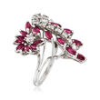 C. 1970 Vintage 2.20 ct. t.w. Ruby and 1.25 ct. t.w. Diamond Cluster Cocktail Ring in 14kt White Gold
