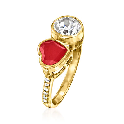 1.70 Carat Heart-Shaped Ruby and 1.60 Carat Round White Topaz Toi et Moi Ring in 18kt Gold Over Sterling