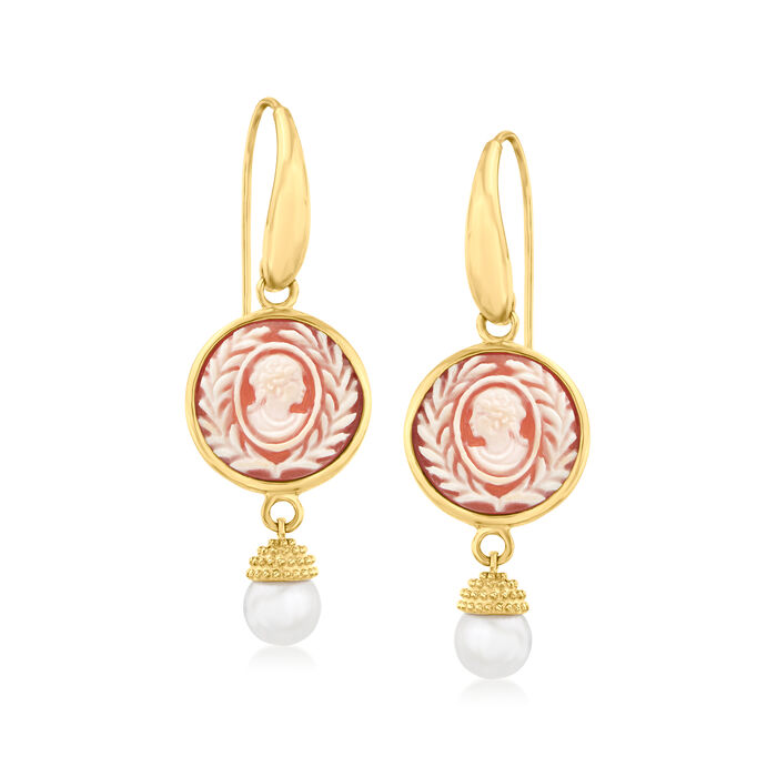 Italian Cultured Pearl and Orange Shell  Cameo Drop Earrings in 18kt Gold Over Sterling