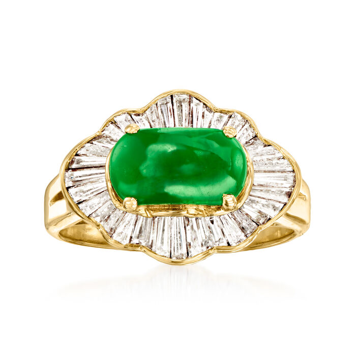 C. 1980 Vintage Jade and .93 ct. t.w. Diamond Ring in 18kt Yellow Gold