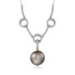 C. 1990 Vintage Black Cultured Pearl and .60 ct. t.w. Diamond Circle Station Necklace in 14kt White Gold