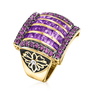 1.80 ct. t.w. Amethyst and .90 ct. t.w. Rhodolite Garnet Ring with White Zircon Accents and Black Enamel in 18kt Gold Over Sterling